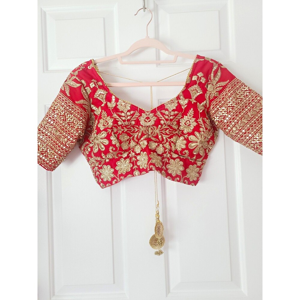 New Women Red & Gold Embroidered Silk Blend Choli Blouse Tassel Tie Back Size L